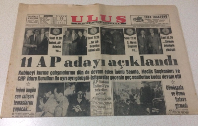 Ulus Gazetesi 19 Kasım 1961 - 11 AP Adayı Açıklandı - GZ15507 - 2