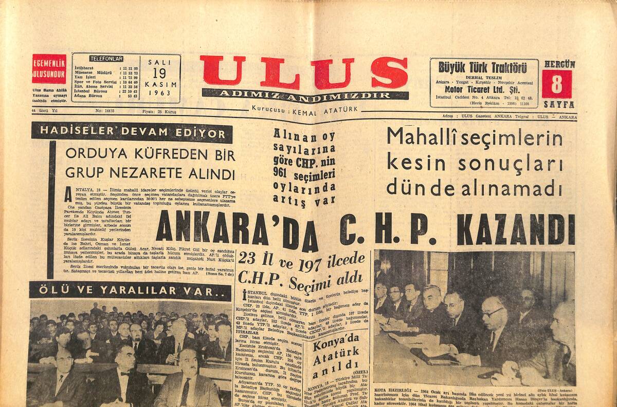 Ulus Gazetesi 19 Kasım 1963 - Ankara'da CHP Kazandı - Irak Ordusu Dün İdareye El Koydu GZ150287 - 1