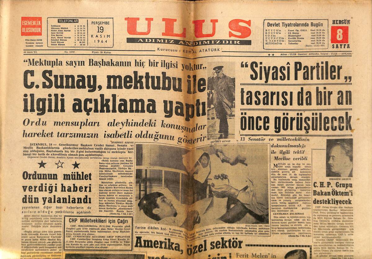 Ulus Gazetesi 19 Kasım 1964 - Rodos Adasında Türklere Baskı - Cevdet Sunay , Mektubu İle İlgili Açıklama Yaptı GZ150644 - 1