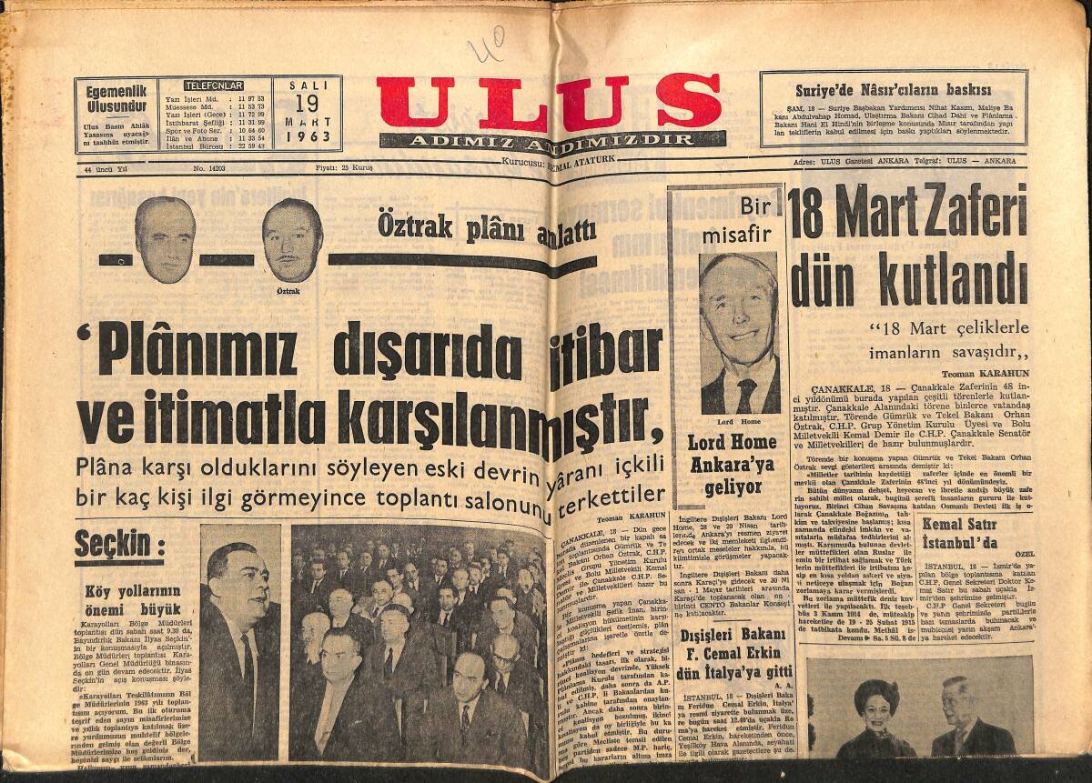 Ulus Gazetesi 19 Mart 1963 - Lord Home Ankara'ya Geliyor - Sovyetler Küba'da Füze Atışı Yapıyor GZ151579 - 1