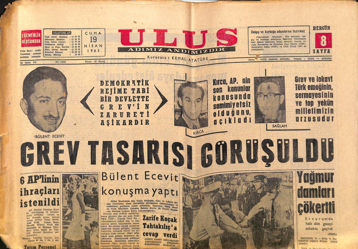 Ulus Gazetesi 19 Nisan 1963 - Grev Tasarısı Görüşüldü - Prens Ve Prenses Dün Bursa'ya Gitti GZ150719 - 1