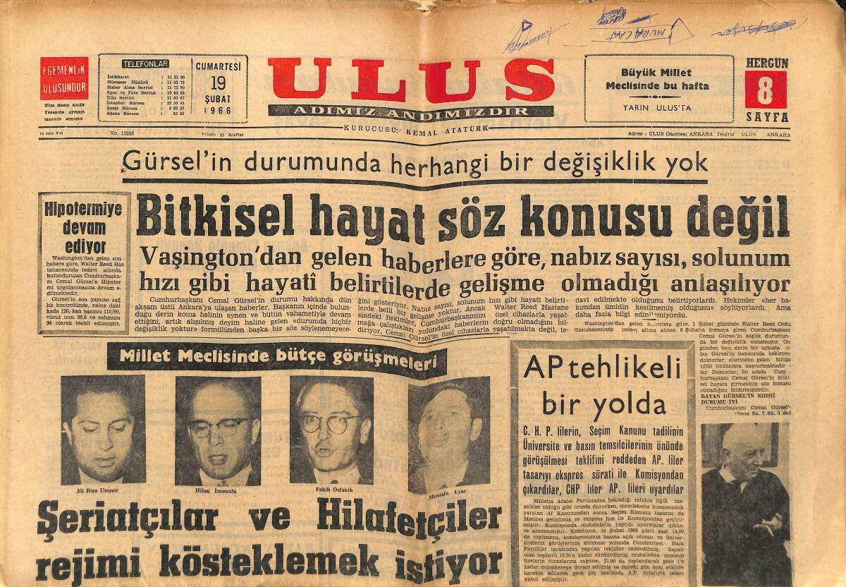 Ulus Gazetesi 19 Şubat 1966 - Gürsel'in Durumunda Herhangi Bir Değişiklik Yok - Muhammed Ali Clay - Liz Taylor Ve R. Burton GZ152540 - 1