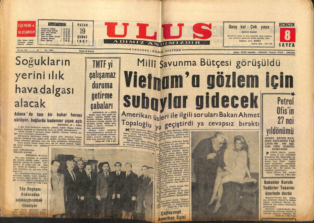 Ulus Gazetesi 19 Şubat 1967 - Vietnam'a Gözlem İçin Subaylar Gidecek - Petrol Ofis'in 27. Yıldönümü GZ150559 - 1