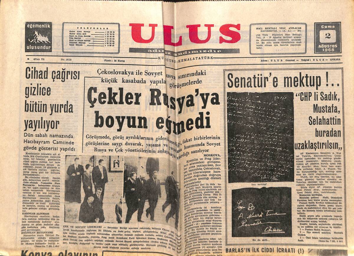 Ulus Gazetesi 2 Ağustos 1968 - Çekler, Rusya'ya Boyun Eğmedi - Geraldine Chaplin Şöhret Olmak İstemiyor GZ151596 - 1