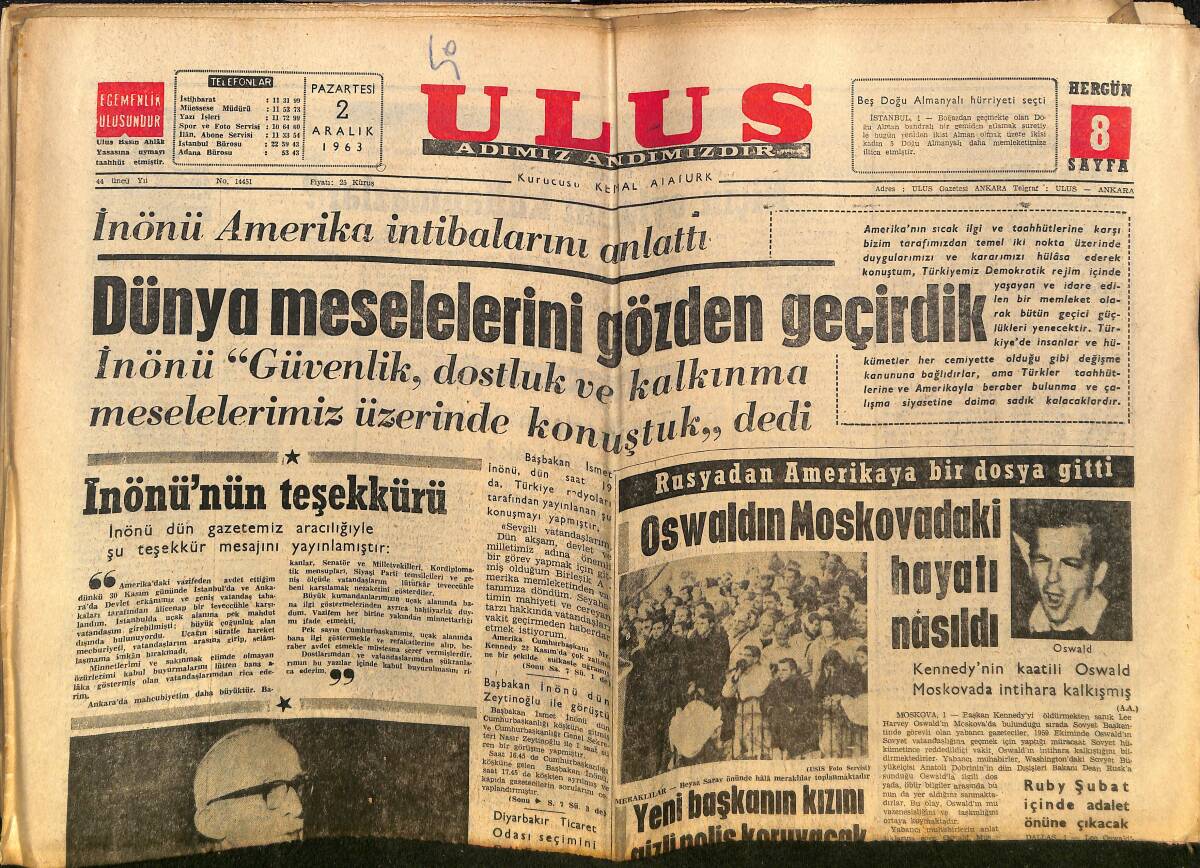 Ulus Gazetesi 2 Aralık 1963 - Kennedy'nin Katili Oswald Moskova'da İntihara Kalkışmış - Bir Yıldız Doğru: Julia Foster GZ150234 - 1