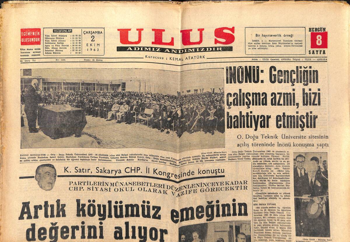 Ulus Gazetesi 2 Ekim 1963 - Kennedy, Alican ve Melen'le Görüştü - Galatasaray İle Beşiktaş Bu Gece Oynuyor GZ147247 - 1