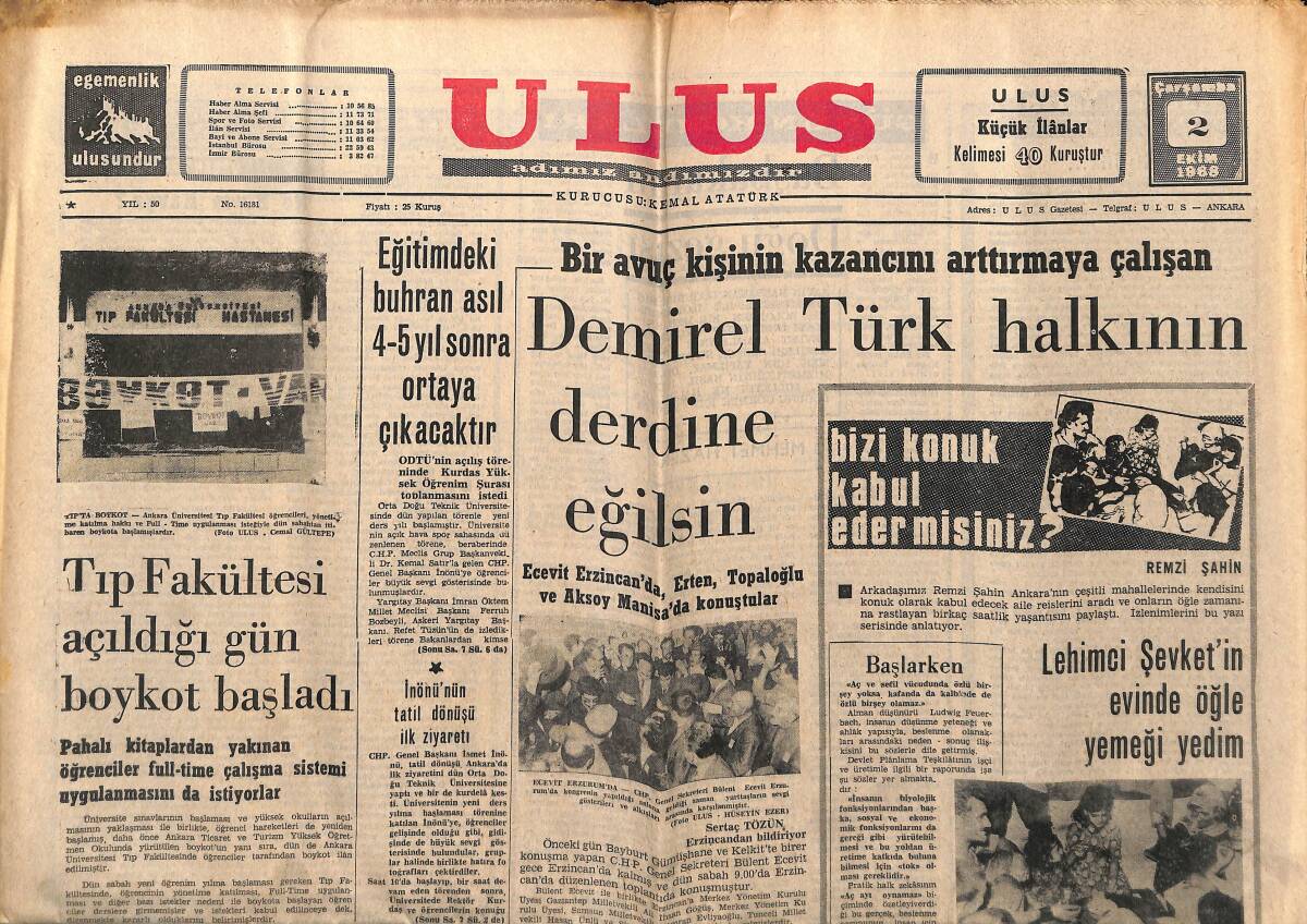 Ulus Gazetesi 2 Ekim 1968 - Tıp Fakültesi Açıldığı Gün Boykot Başladı - Fenerbahçe-Manchester City GZ152609 - 1