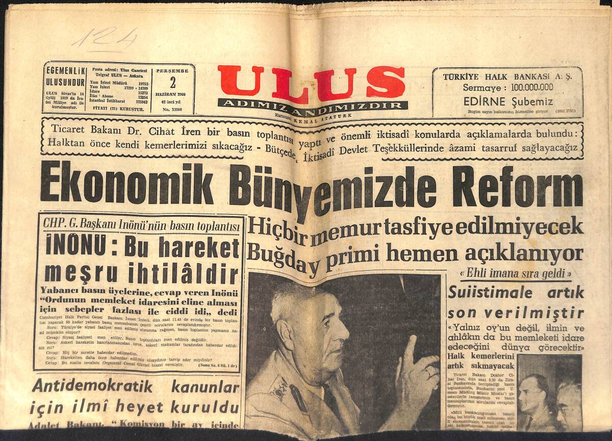Ulus Gazetesi 2 Haziran 1960 - Turgut Bayar Orduyu Tasvip Etti - Orgeneral Gürsel'in Gençliğe Hitabı GZ153980 - 1