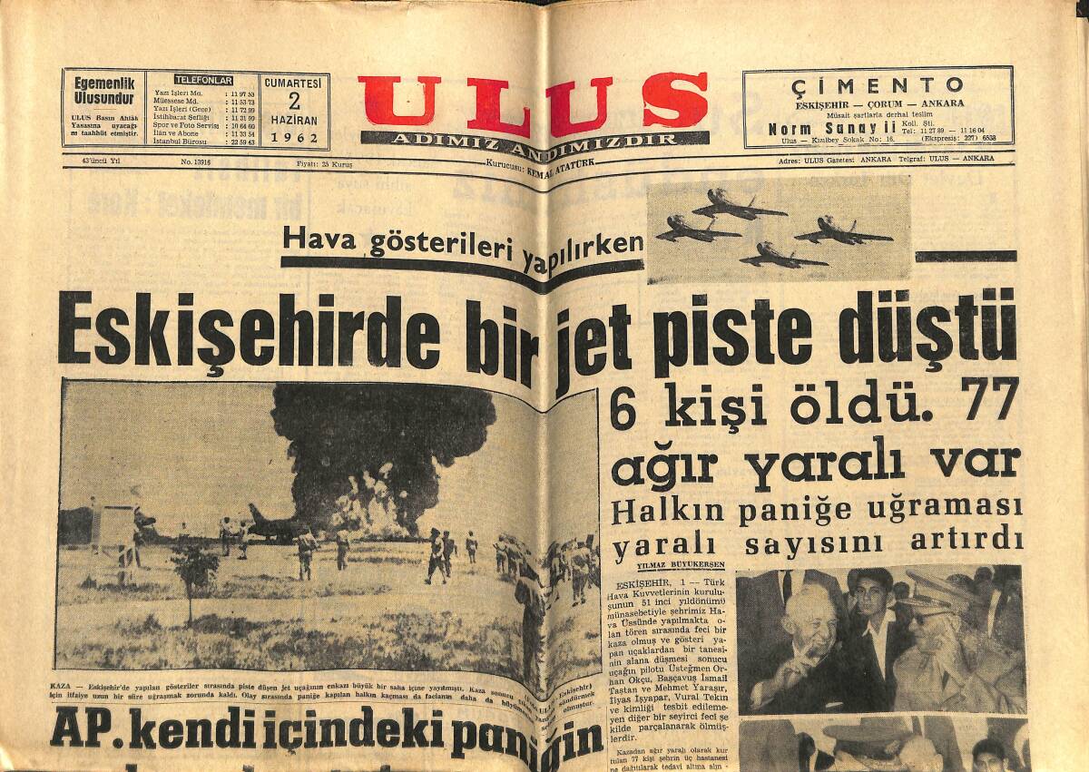 Ulus Gazetesi 2 Haziran 1962 - Eskişehir'de Bir Jet Piste Düştü - Adolf Eichmann Dün İdam Edildi GZ142935 - 1