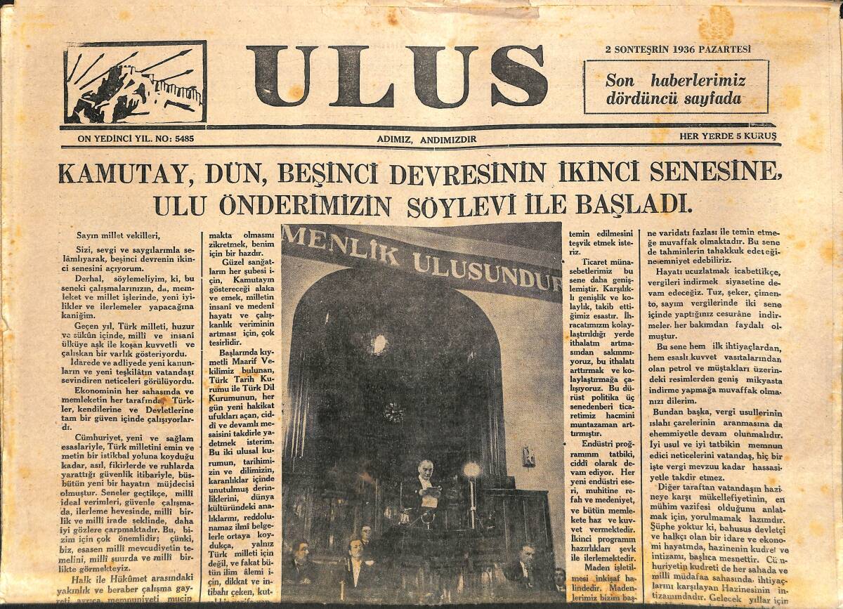 Ulus Gazetesi 2 Kasım 1936 - Kamutay, Dün, Beşinci Devresinin İkinci Senesinde Ulu Önderimizin Söylevi İle Başladı GZ141388 - 1