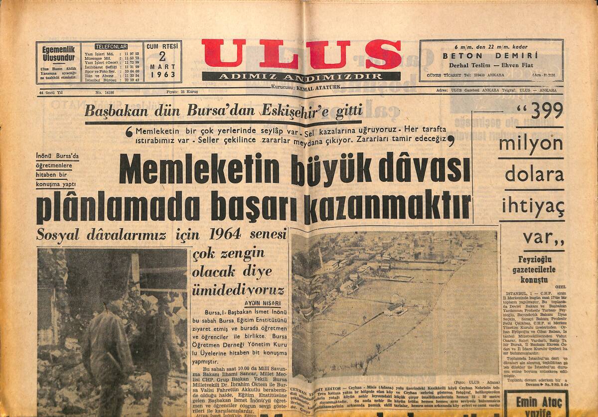 Ulus Gazetesi 2 Mart 1963 - Irak , Kürtlerin İsteğini Reddediyor - Başbakan Dün Bursa'dan Eskişehir'e Gitti GZ150699 - 1