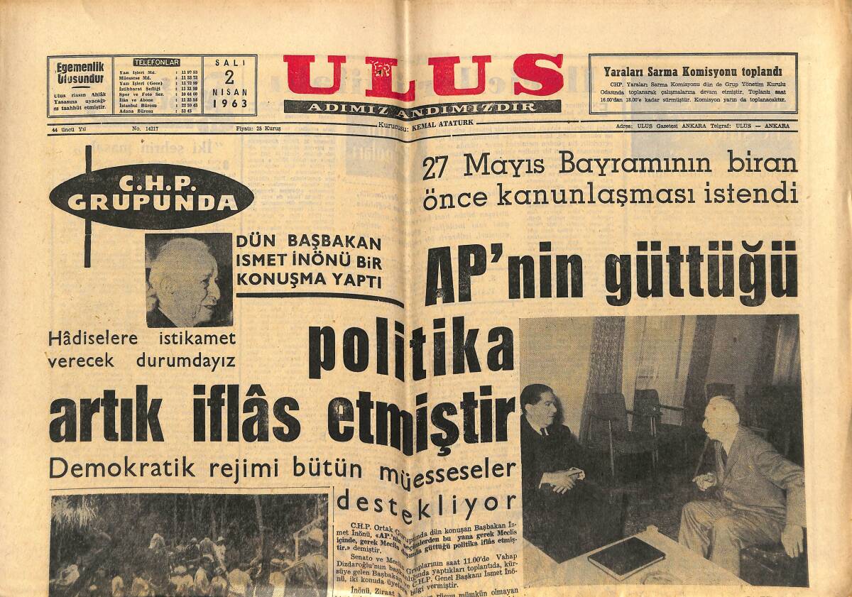 Ulus Gazetesi 2 Nisan 1963 - AP'nin Güttüğü Politika Artık İflâs Etmiştir - Emekli Sandığı Borç Fonu Arttı GZ148459 - 1