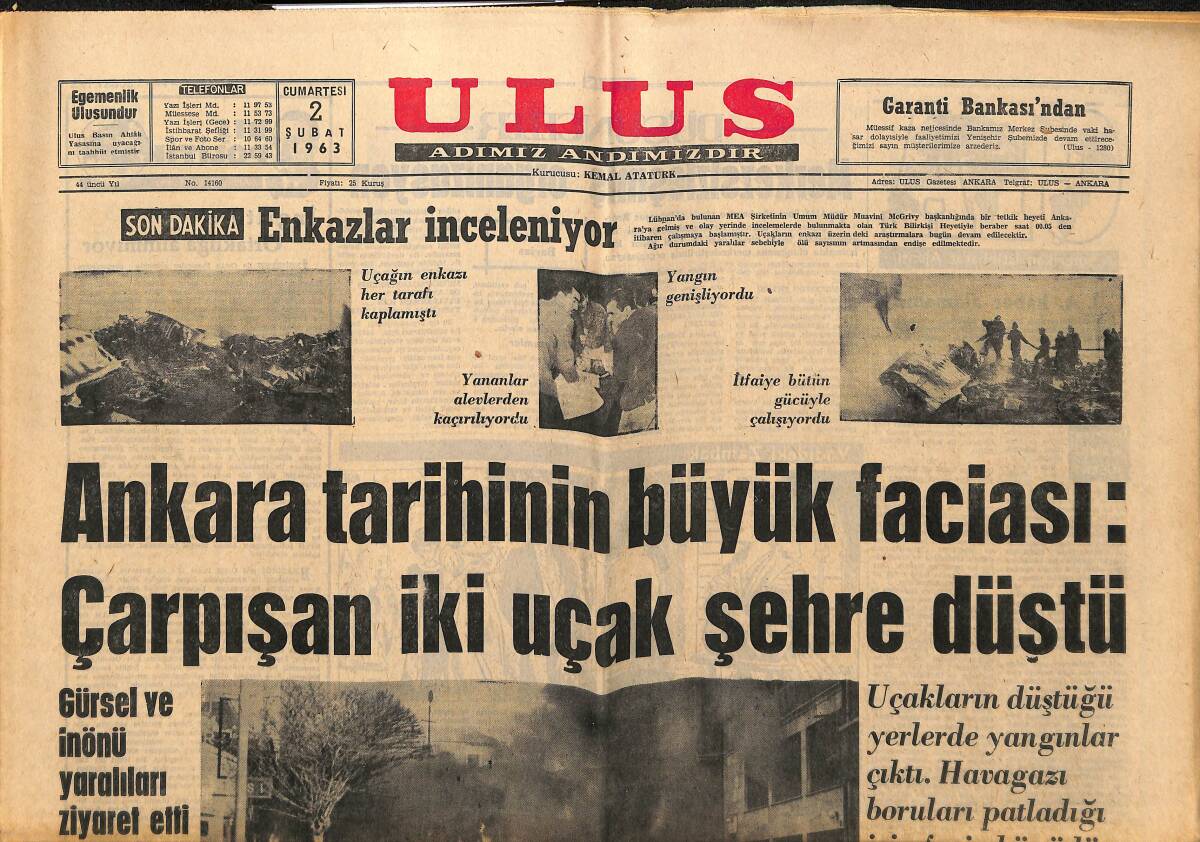 Ulus Gazetesi 2 Şubat 1963 - Ankara Tarihinin Büyük Faciası: Çarpışan İki Uçak Düştü - Kazadan Resimler GZ148551 - 1