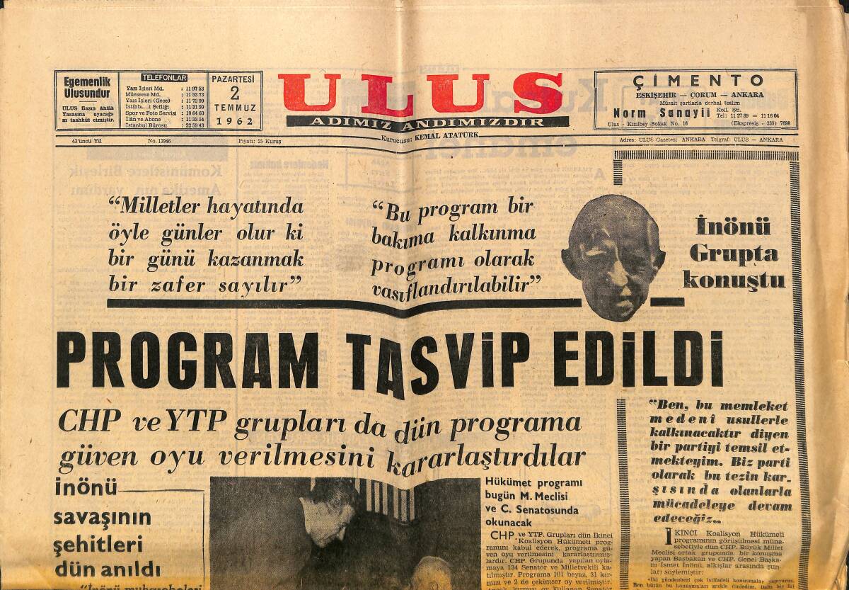 Ulus Gazetesi 2 Temmuz 1962 - Cezayir İstiklal İçin Oy Kullandı - Adana'da Yangın GZ150648 - 1