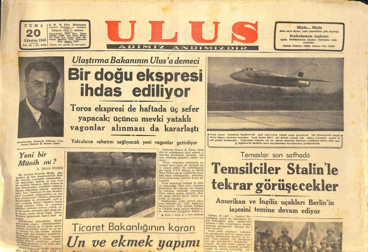 Ulus Gazetesi 20 Ağustos 1948 - Temsilciler Stalin'le Tekrar Görüşecekler - Sivrice'de Deprem GZ143388 - 1