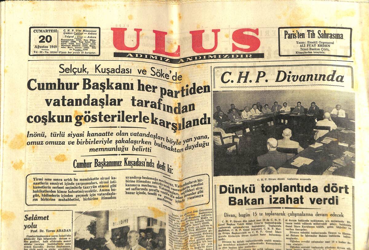 Ulus Gazetesi 20 Ağustos 1949 - Marshall Planında Türkiye'ye Bu Yıl Yapılacak Yardım - Avrupa Tenis Şampiyonları İstanbul'da GZ146843 - 1