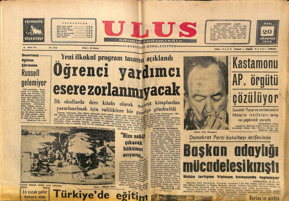 Ulus Gazetesi 20 Ağustos 1968 - Kastamonu AP. Örgütü Çözülüyor - Russell Gelemiyor GZ150682 - 1