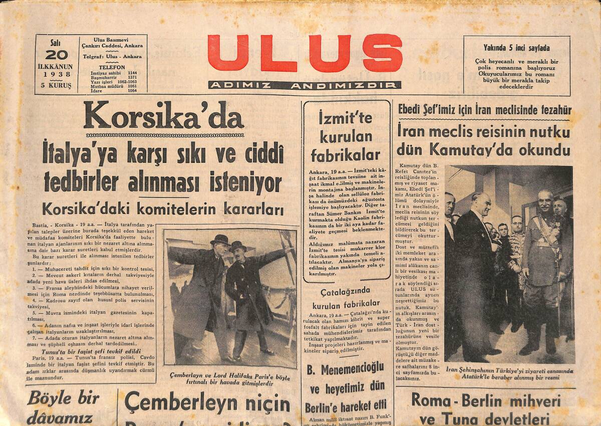 Ulus Gazetesi 20 Aralık 1938 - Ebedi Şefimiz İçin İran Meclisinde Tezahür - İran Meclis Reisinin Nutku Dün Kamutay'da Okundu GZ141378 - 1