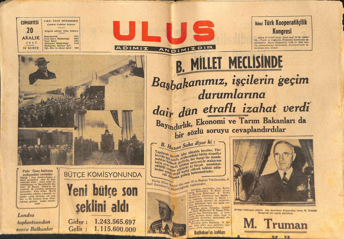 Ulus Gazetesi 20 Aralık 1947 - M. Pierre Cansan Ankara'da - M. Truman Avrupa Kalkınma Planını Dün Kongreye Sundu GZ146614 - 1
