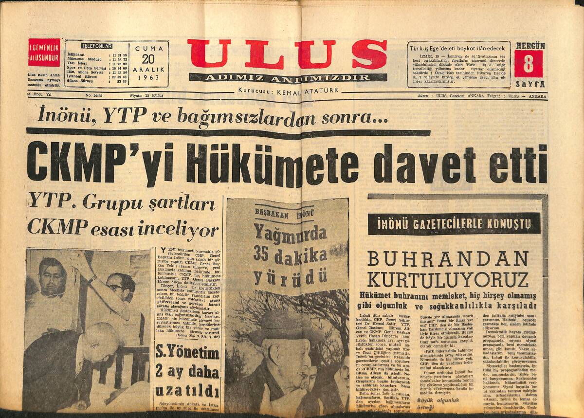 Ulus Gazetesi 20 Aralık 1963 - Kennedy'nin Öldürülmesi İle İlgili Yeni İpuçları Bulundu - Makarios Şimdi De Hilekarlığa Baş Vurdu GZ150250 - 1