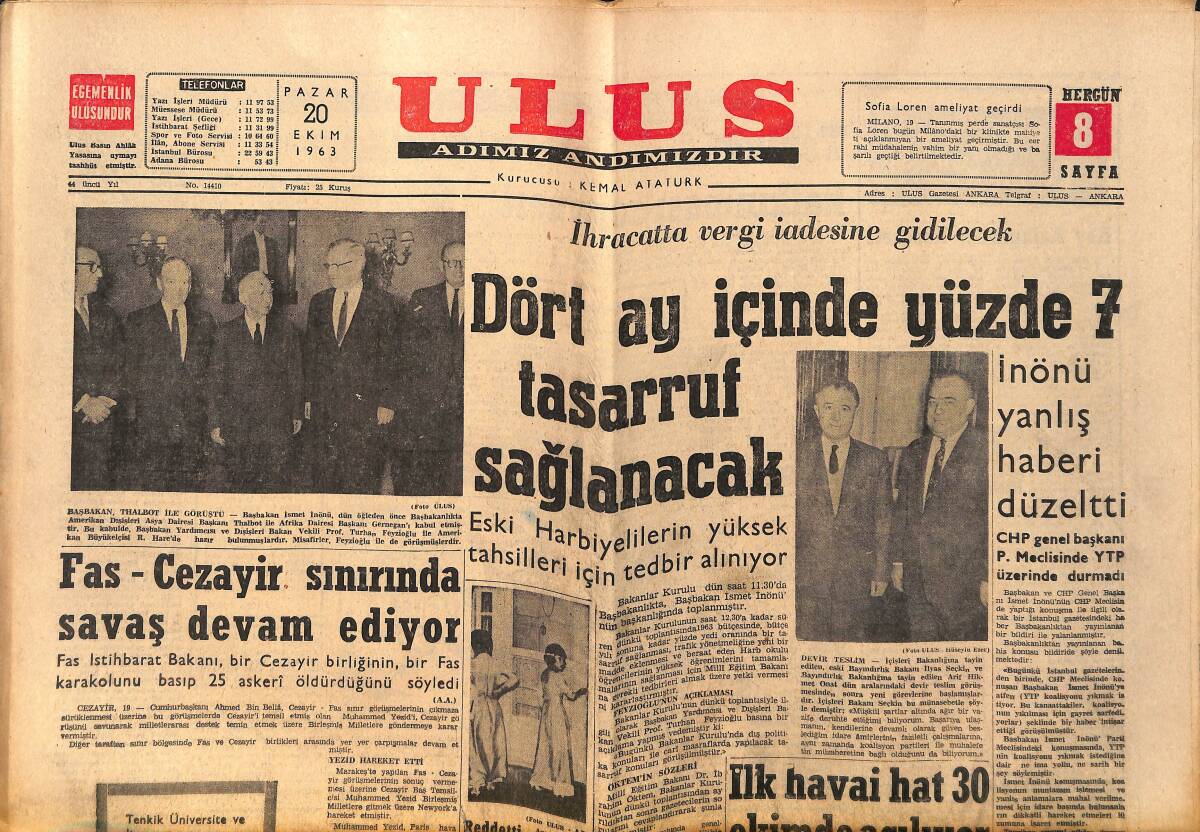 Ulus Gazetesi 20 Ekim 1963 - Fas-Cezayir Sınırında Savaş Devam Ediyor - Çankaya Halkevi Dün Törenle Açıldı GZ152491 - 1