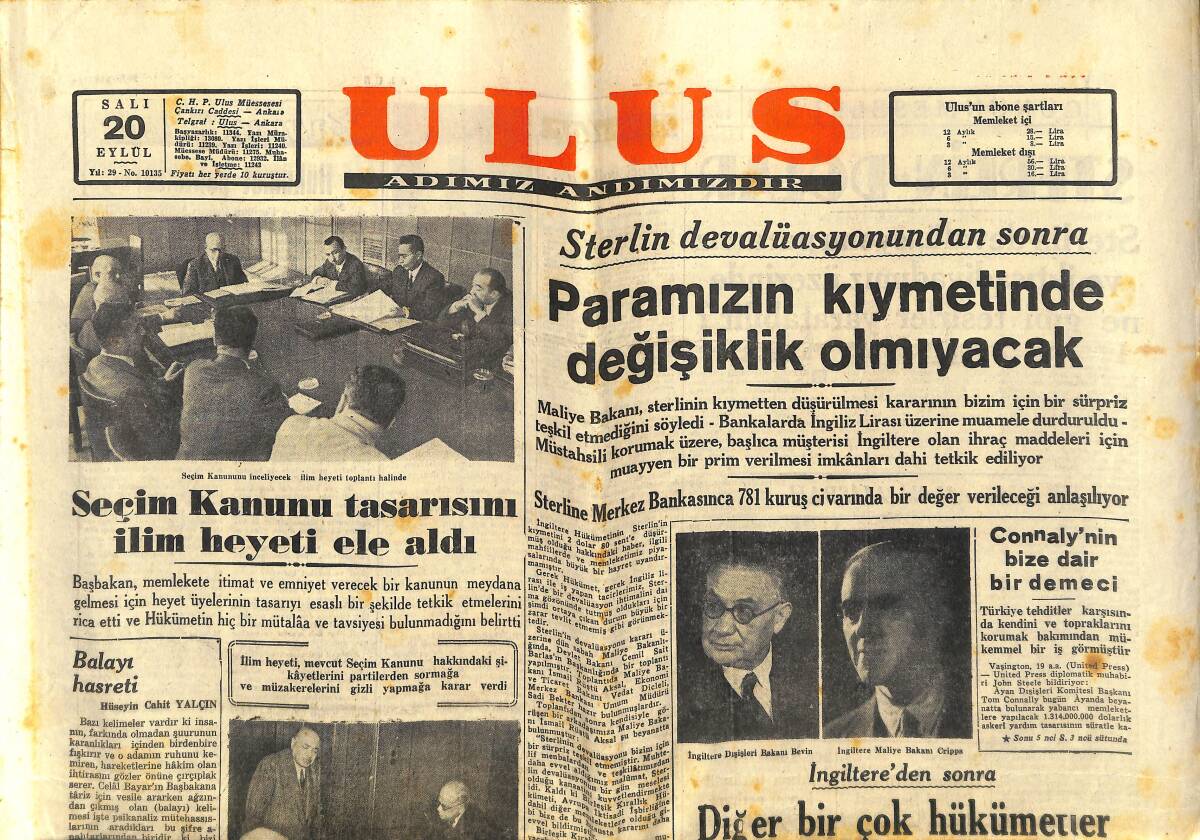 Ulus Gazetesi 20 Eylül 1949 - Arnavutluk Balkanlar'da Barışı Tehlikeye Sokuyor - Adana Ve İzmir'de Bira Fabrikası Kurulacak GZ146842 - 1