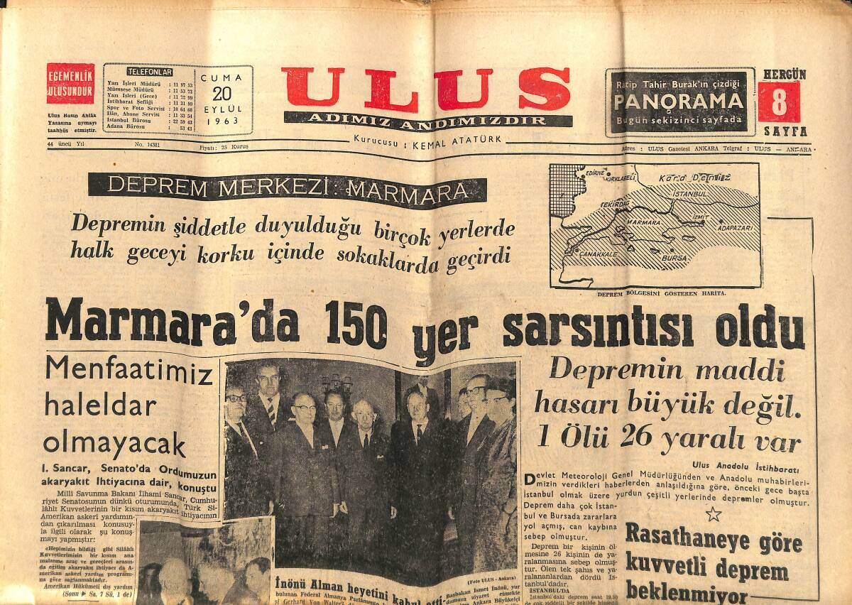 Ulus Gazetesi 20 Eylül 1963 - Marmara'da 150 Yer Sarsıntısı Oldu - Marienne Hold, Terzi Olacakken Artist Oldu GZ147271 - 1