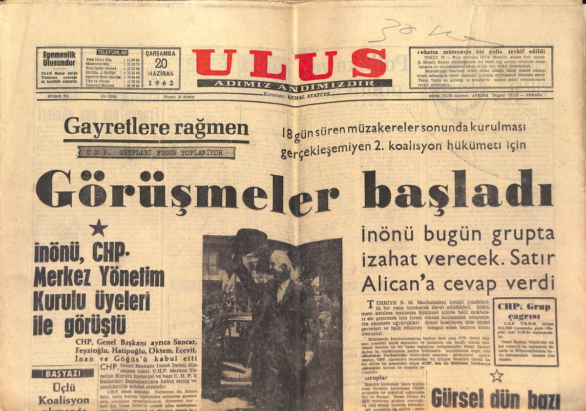 Ulus Gazetesi 20 Haziran 1962 - Sunay İnönü'yü Ziyaret Etti - Galatasaray İle Beşiktaş Yarın Ankara'da - Cezayir'de Fransa'nın Son Günleri GZ146863 - 1