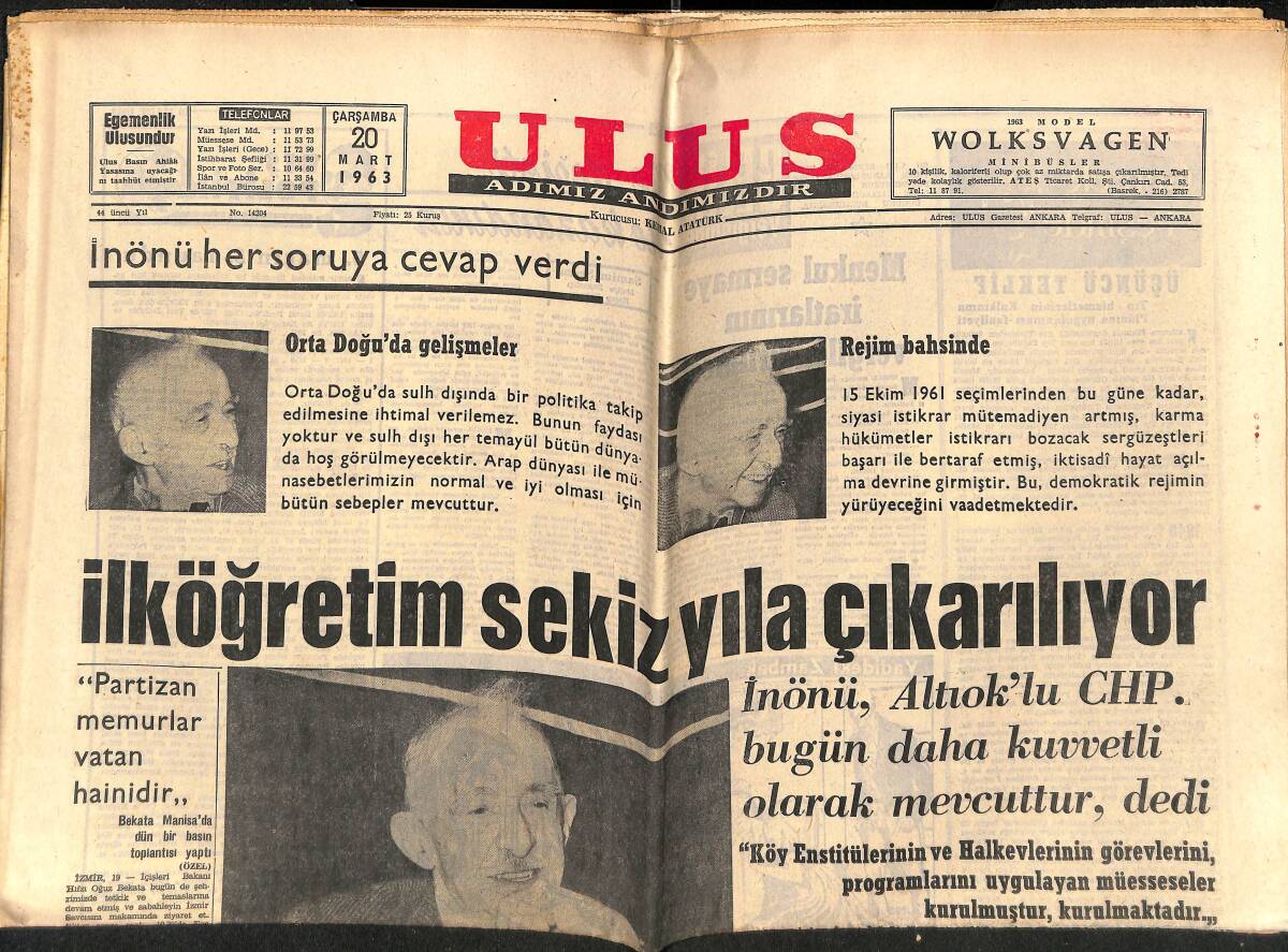 Ulus Gazetesi 20 Mart 1963 - İlköğretim 8 Yıla Çıkarılıyor - Süreyya Yaradılıştan Yıldızmış GZ151581 - 1