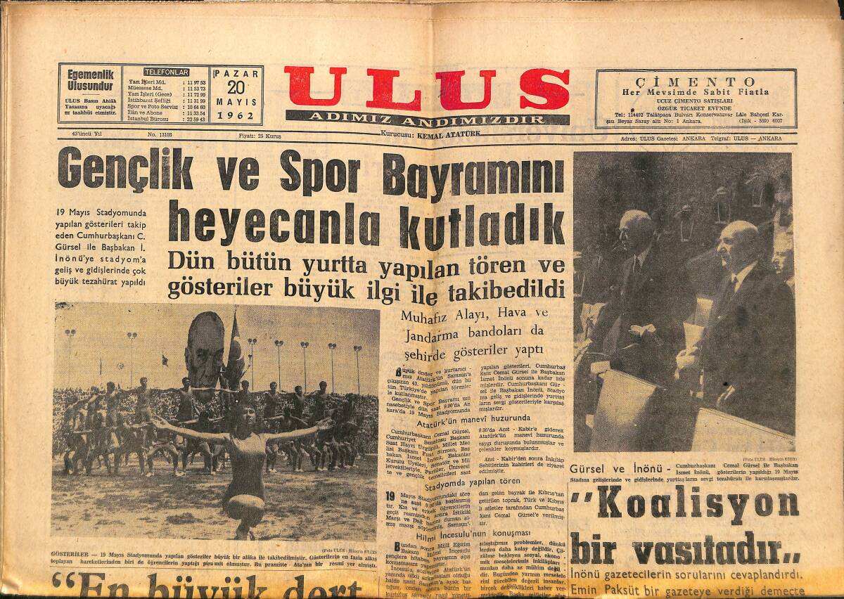 Ulus Gazetesi 20 Mayıs 1962 - Suriye'de Türkler Serbest Bırakıldı - Gençlik Ve Spor Bayramını Heyecanla Kutladık GZ150688 - 1