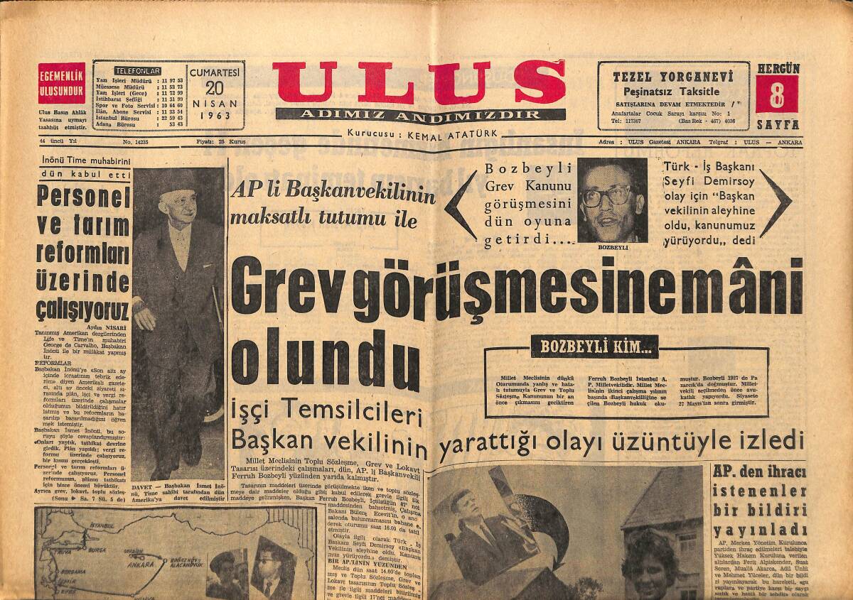 Ulus Gazetesi 20 Nisan 1963 - 1962 Bütçe Açığı Ekonomimiz Yönünden Zararsız Hadde İndi - Kennedy Dede Evini Ziyaret Edecek GZ148543 - 1