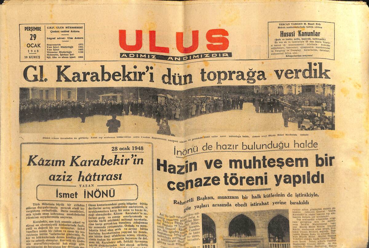 Ulus Gazetesi 20 Ocak 1948 - Gl. Karabekir'i Dün Toprağa Verdik - Kazım Karabekir'in Aziz Hatırası - Cenaze Töreninden İntibalar GZ146718 - 1