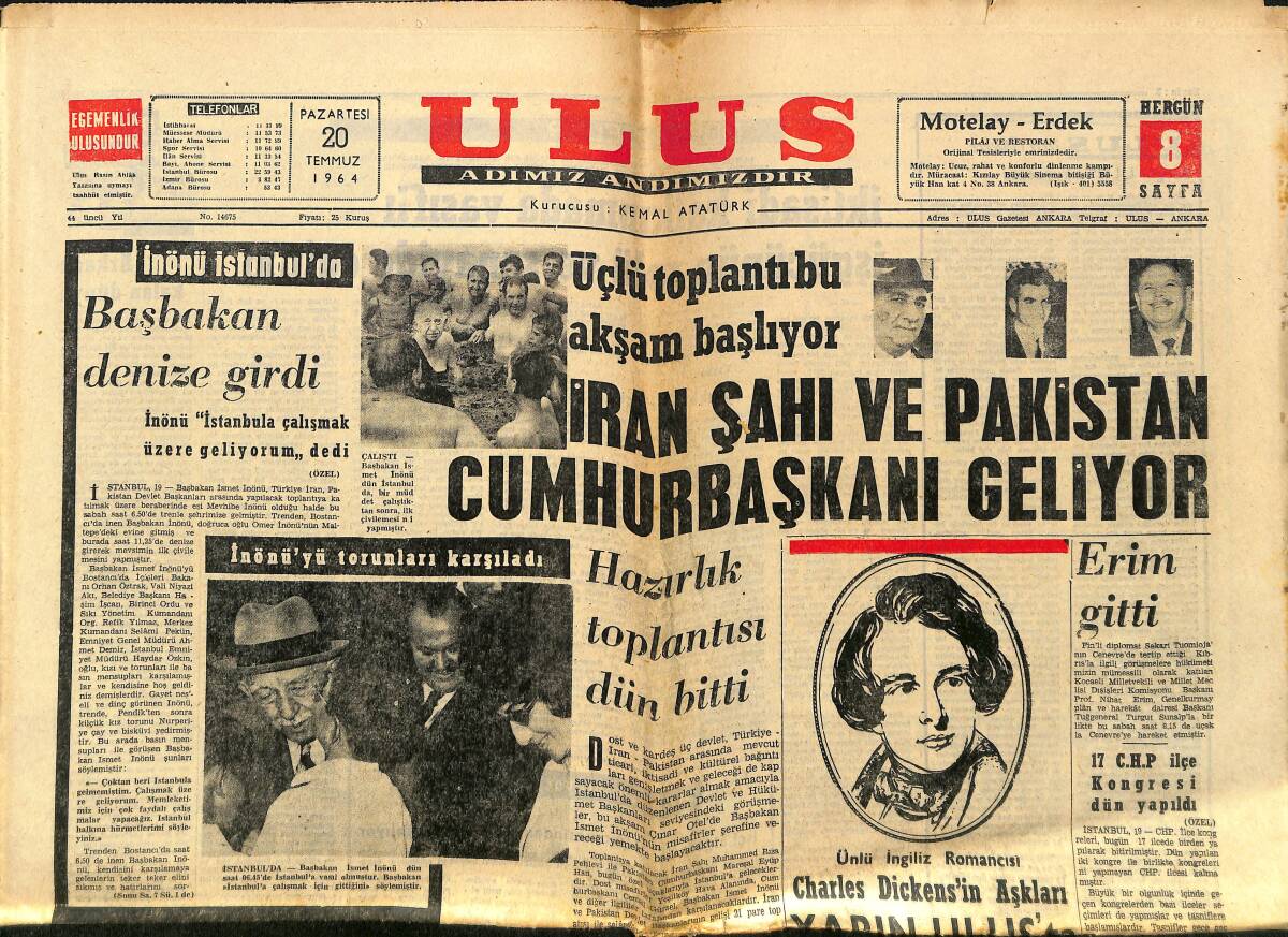 Ulus Gazetesi 20 Temmuz 1964 - İran Şahı Ve Pakistan Cumhurbaşkanı Geliyor - Fenerbahçe De Şike Yapmış GZ150626 - 1