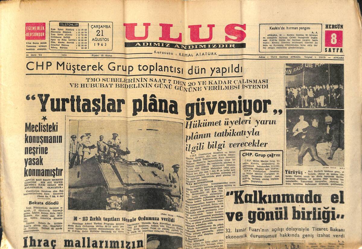 Ulus Gazetesi 21 Ağustos 1963 - Kütahya'da Çarşı Yandı - Süreyya Dün Gene Neşelendi GZ147297 - 1