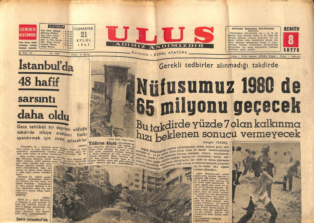 Ulus Gazetesi 21 Eylül 1963 - Karagülle'nin Cenazesi Defnedildi - Nüfusumuz 1980'de 65 Milyonu Geçecek GZ147272 - 1