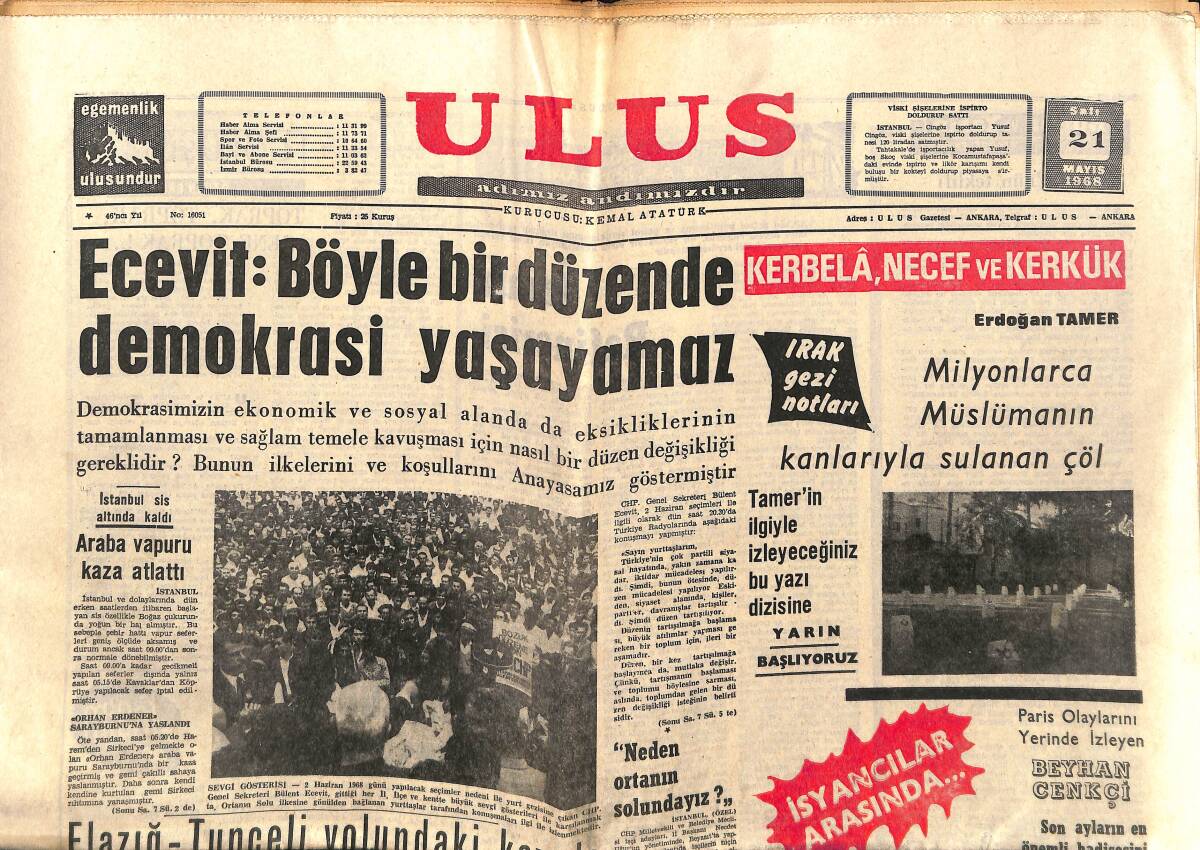 Ulus Gazetesi 21 Mayıs 1968 - Herkes De Gaulle'ün Kararını Bekliyor - PTT'de İç Transfer Faaliyeti Başladı GZ150762 - 1