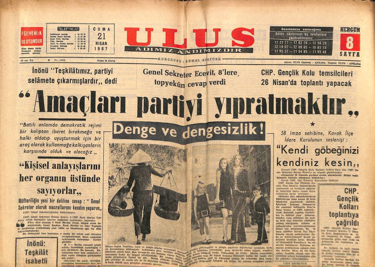 Ulus Gazetesi 21 Nisan 1967 - Kıbrıs'ta Bir Uçak Tepeye Çarptı , 122 Yolcu Öldü GZ150578 - 1