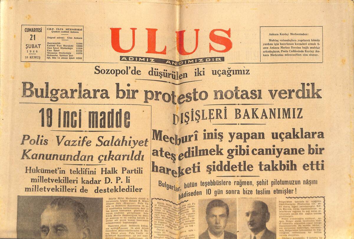 Ulus Gazetesi 21 Şubat 1948 - Çek Komünistleri İdareyi Ele Alıyor - Bulgarlara Bir Protesto Notası Verdik GZ142410 - 1