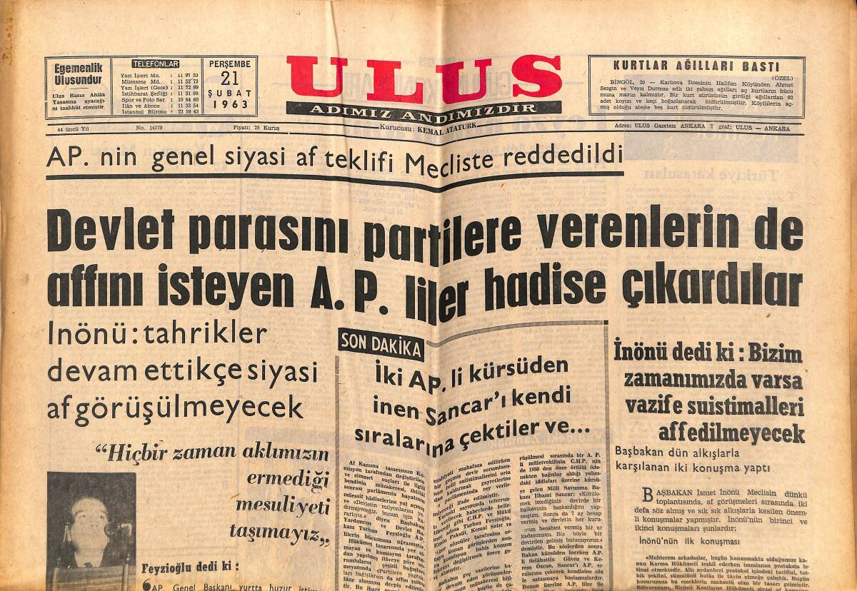 Ulus Gazetesi 21 Şubat 1963 - Devlet Parasını Partilere Verenlerin De Affını İsteyen AP'liler Hadise Çıkardı - Lefter Kadroya Alınıyor GZ151597 - 1