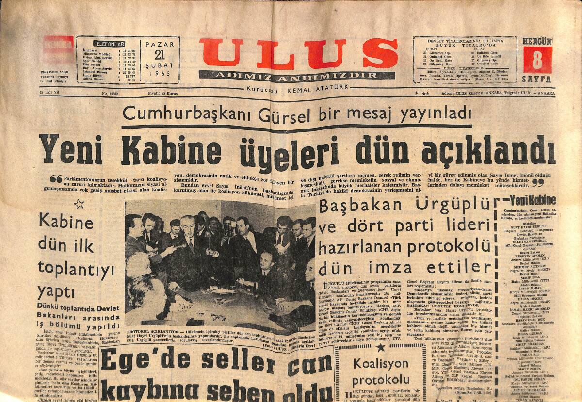 Ulus Gazetesi 21 Şubat 1965 - Başbakan Ürgüplü Ve Dört Parti Lideri Hazırlanan Protokolü Dün İmza Ettiler - Unutulmayan Tarzan GZ151571 - 1
