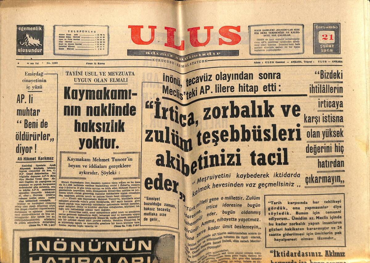 Ulus Gazetesi 21 Şubat 1968 - Pele'ye Altın Kılıç Ödülü Verildi - Sovyetler Kuzey Vietnam'a Nükleer Silah Verecek GZ148913 - 1