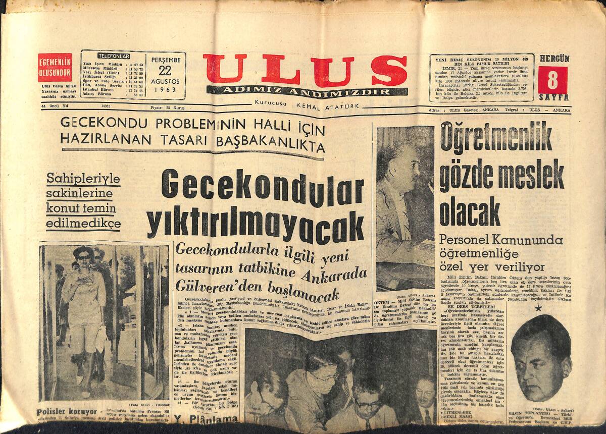 Ulus Gazetesi 22 Ağustos 1963 - İngiltere 25 Milyonluk Ek Krediyi Kabul Etti - Earl Warren İstanbul'a Geldi GZ147298 - 1