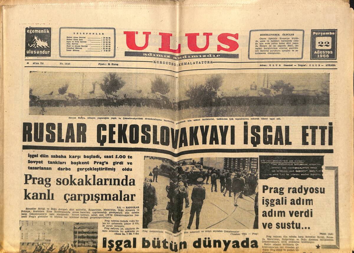 Ulus Gazetesi 22 Ağustos 1968 - Hüseyin Ekşi Defnedildi - Ruslar Çekoslovakyayı İşgal Etti GZ150667 - 1