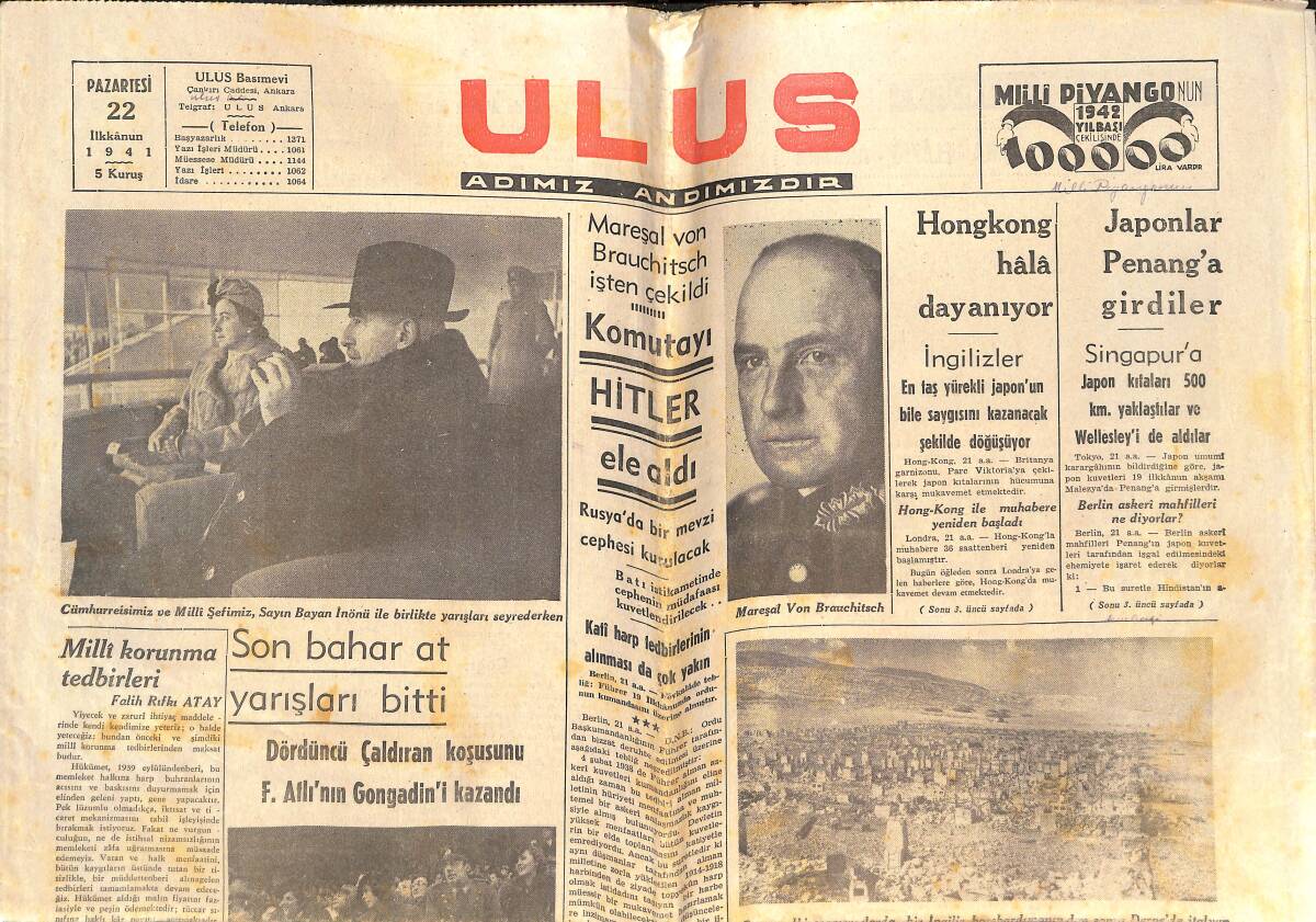 Ulus Gazetesi 22 Aralık 1941 - Hong Kong Hala Dayanıyor - Milli Korunma Tedbirleri GZ141711 - 1