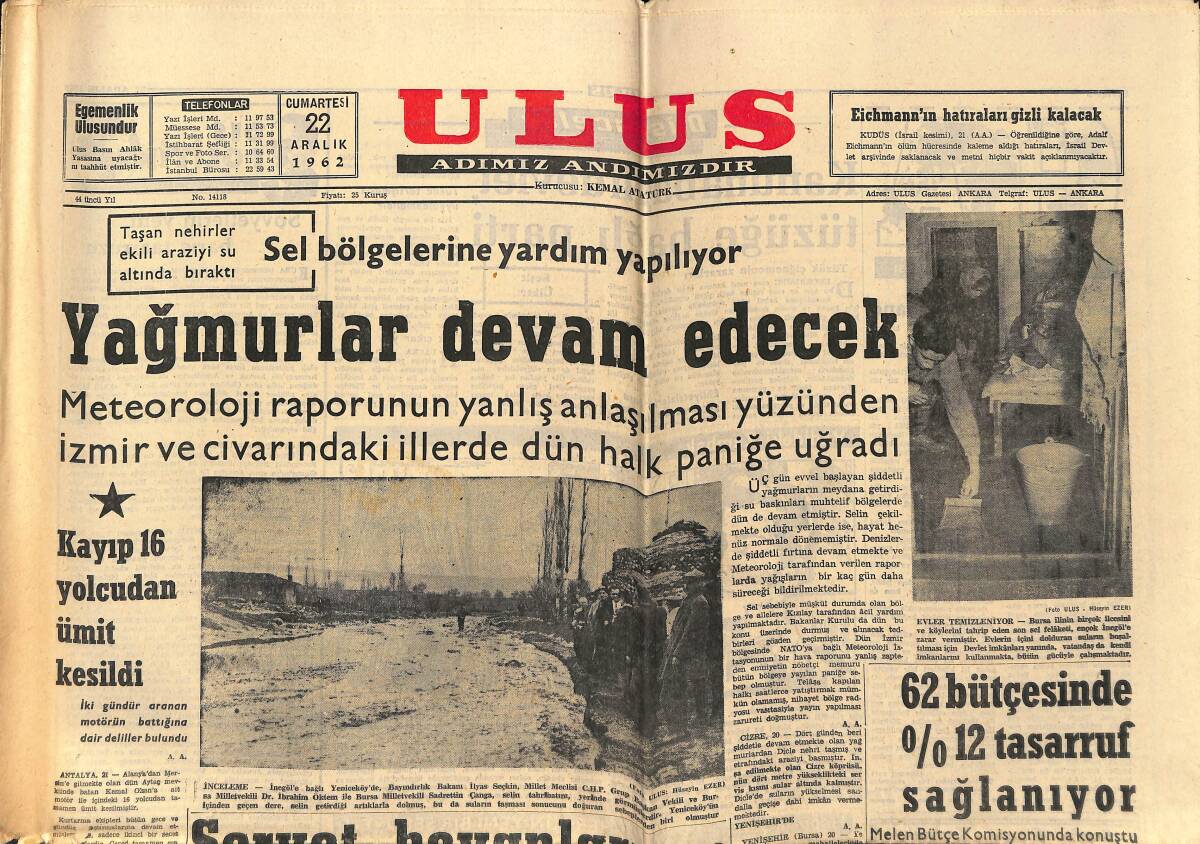 Ulus Gazetesi 22 Aralık 1962 - Porselen Fabrikası Çalışmaya Başladı - Sel Bölgelerine Yardım Yapılıyor GZ148454 - 1
