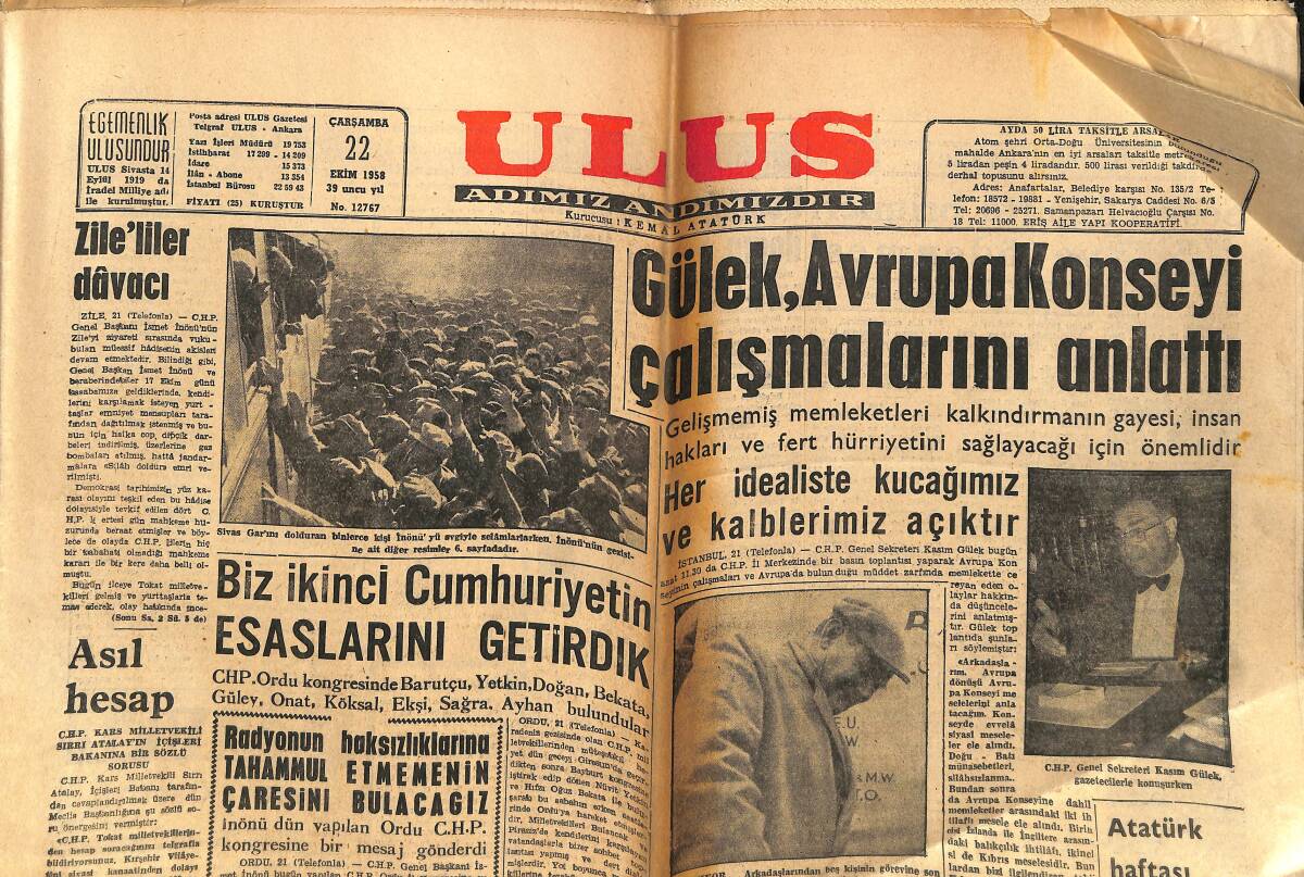 Ulus Gazetesi 22 Ekim 1958 - İnönü'nün Gezisinden Resimler - Gülek, Avrupa Konseyi Çalışmalarını Anlattı GZ151627 - 1