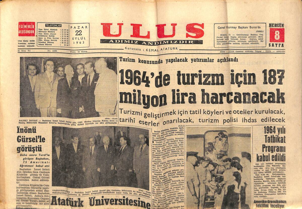 Ulus Gazetesi 22 Eylül 1963 - Atatürk Üniversitesine 285 Öğrenci Alındı - İnönü Gürsel'le Görüştü GZ147273 - 1