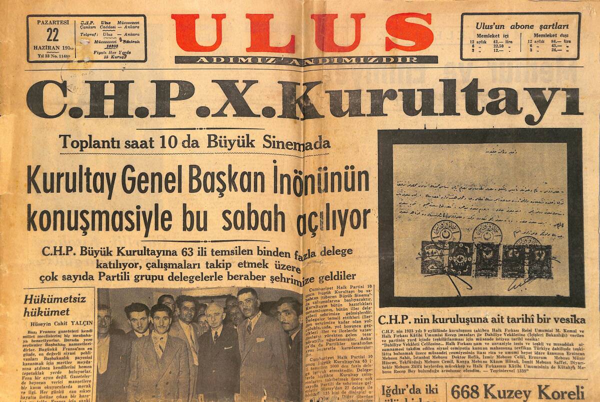 Ulus Gazetesi 22 Haziran 1953 - CHP'nin Kuruluşuna Ait Tarihi Bir Vesika GZ160821 - 1