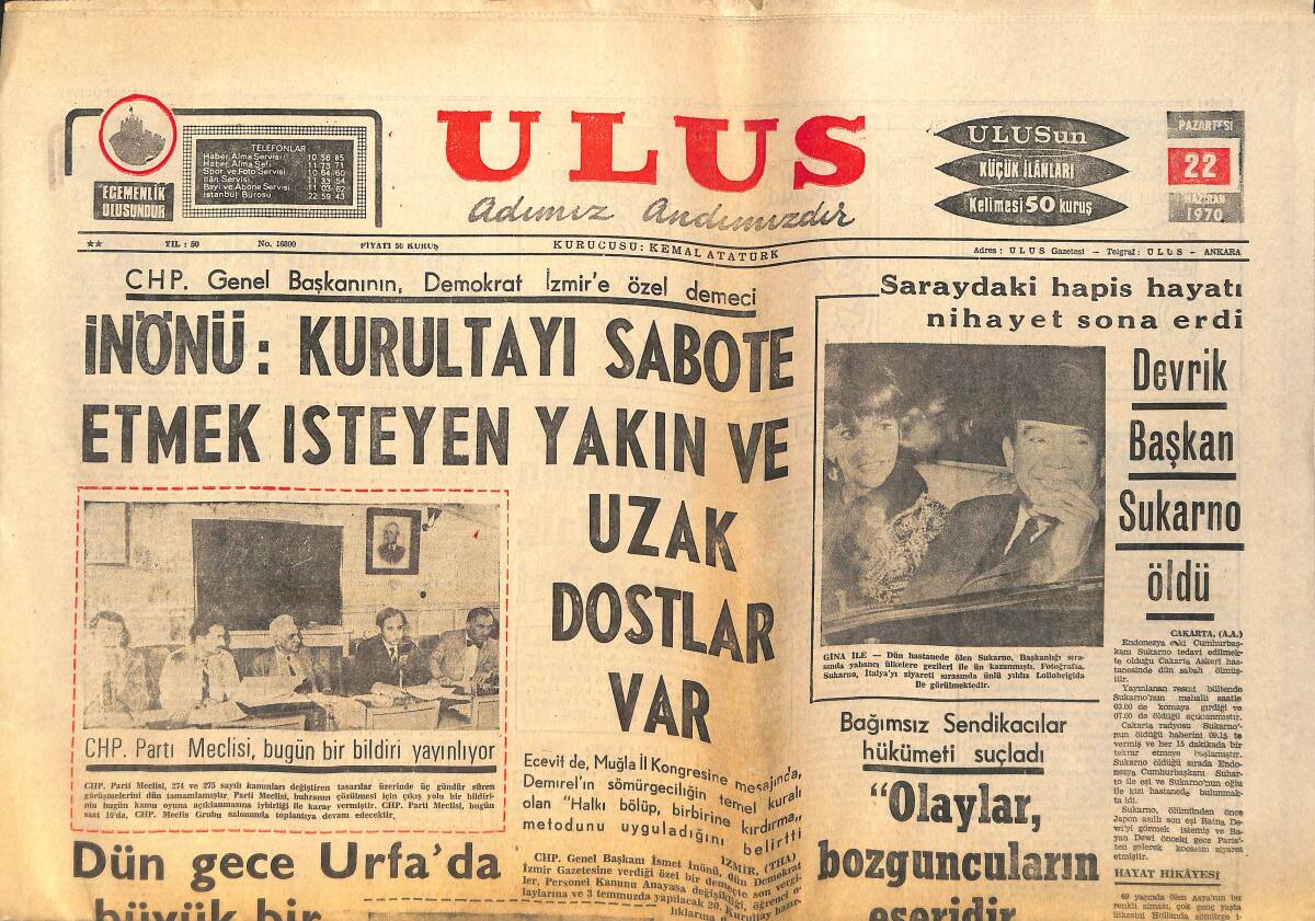 Ulus Gazetesi 22 Haziran 1970 - Devrik Başkan Sukarno Öldü - Brezilya Şampiyon GZ157094 - 1