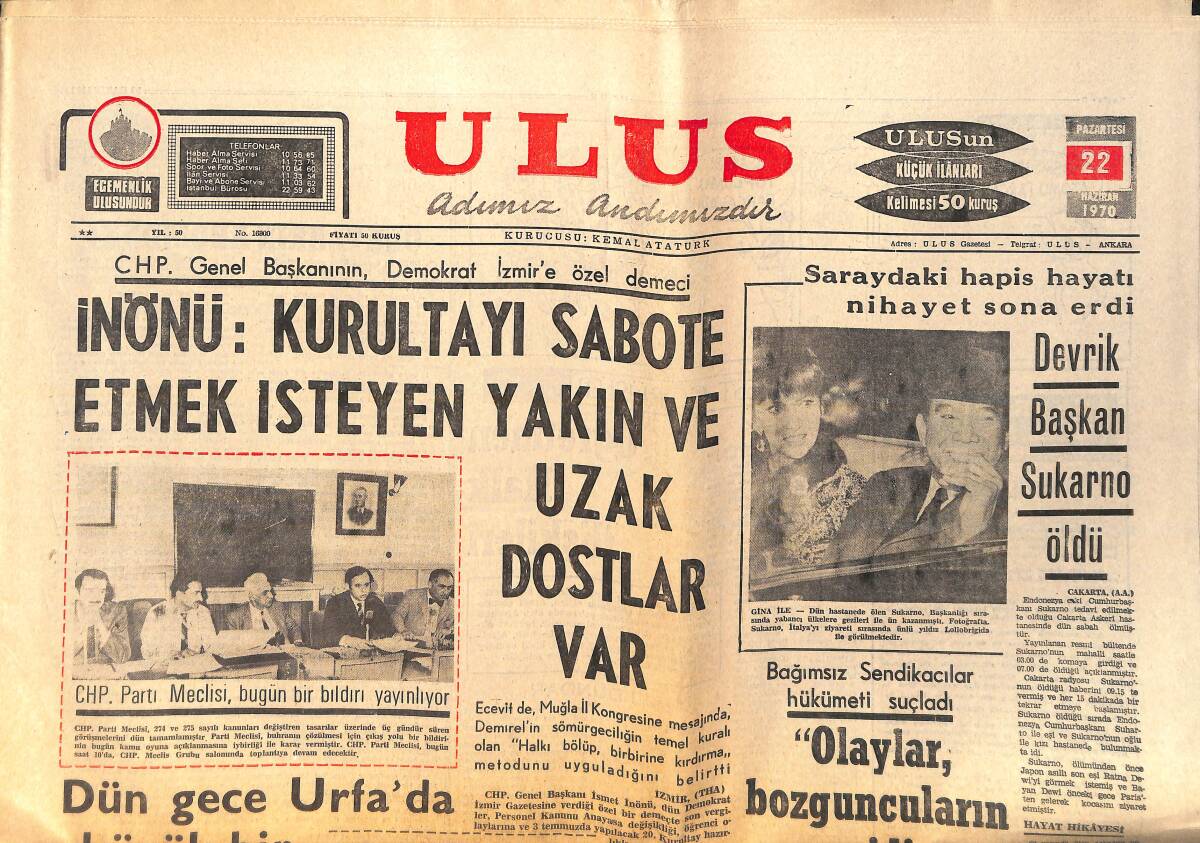 Ulus Gazetesi 22 Haziran 1970 - Devrik Başkan Sukarno Öldü - Brezilya Şampiyon GZ157105 - 1